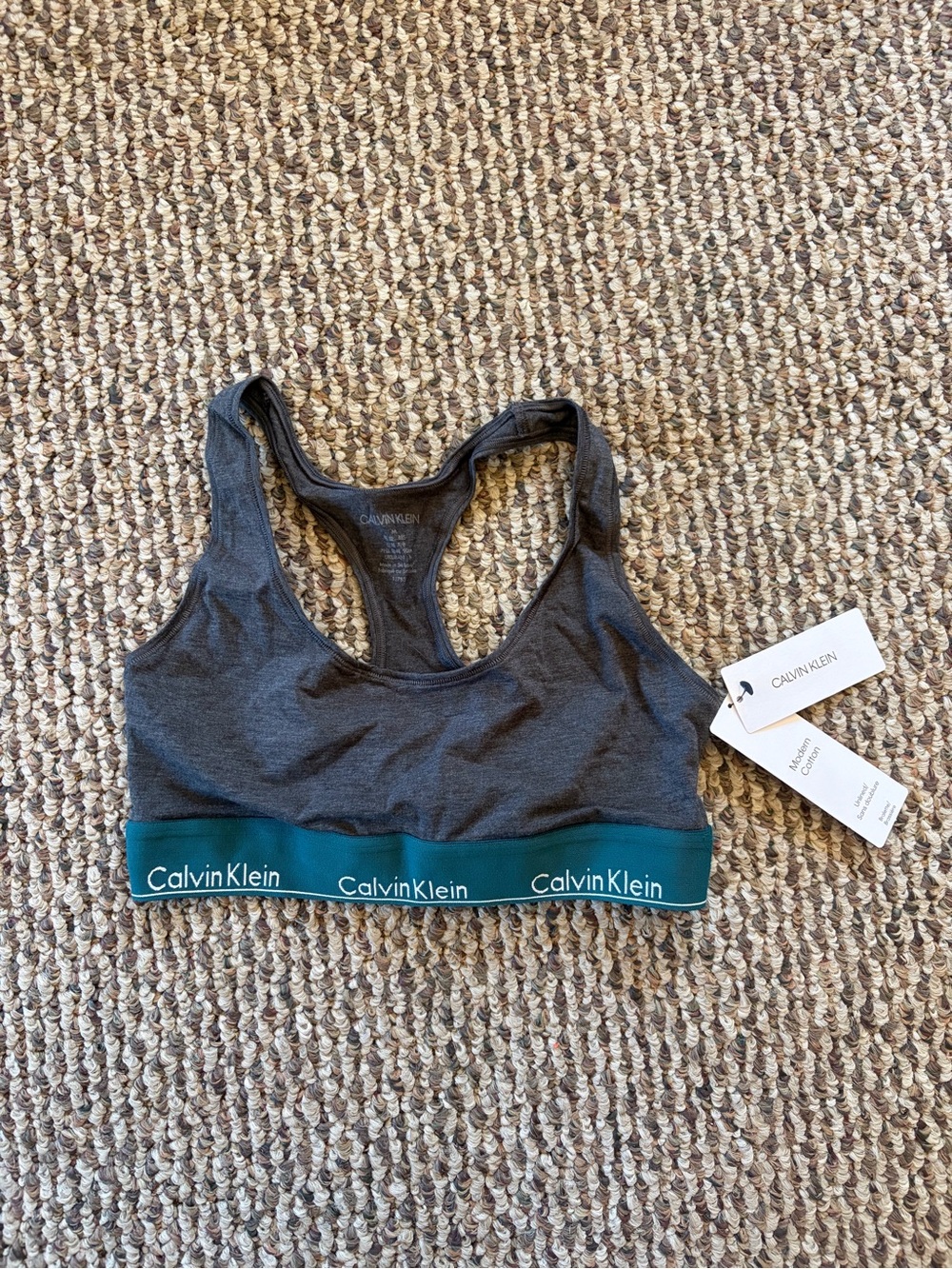 Calvin Klein Dark Gray Racerback Bralette with Teal Logo Band